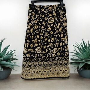 Black Midi A-Line Skirt with Tan flowers size 6 Petite